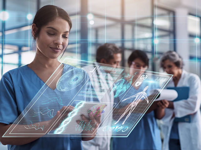 Healthcare professional reviewing digital patient records on ICE Apple